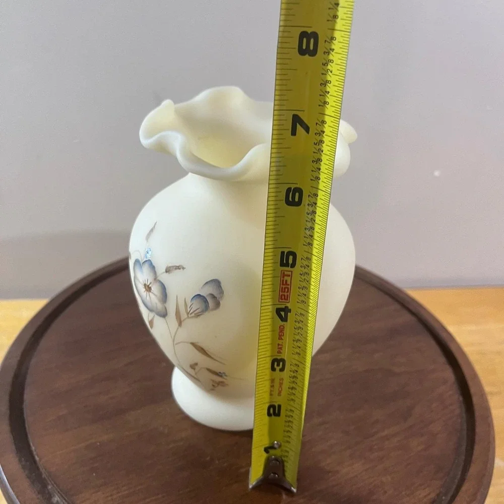Vtg Fenton Custard Satin Glass Vase Hand Painted Floral D. Hill Ruffled Rim 7